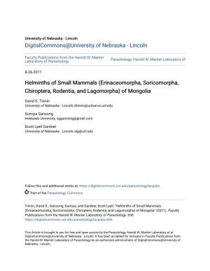 Helminths of Small Mammals (Erinaceomorpha, Soricomorpha, Chiroptera, Rodentia, and Lagomorpha) of Mongolia