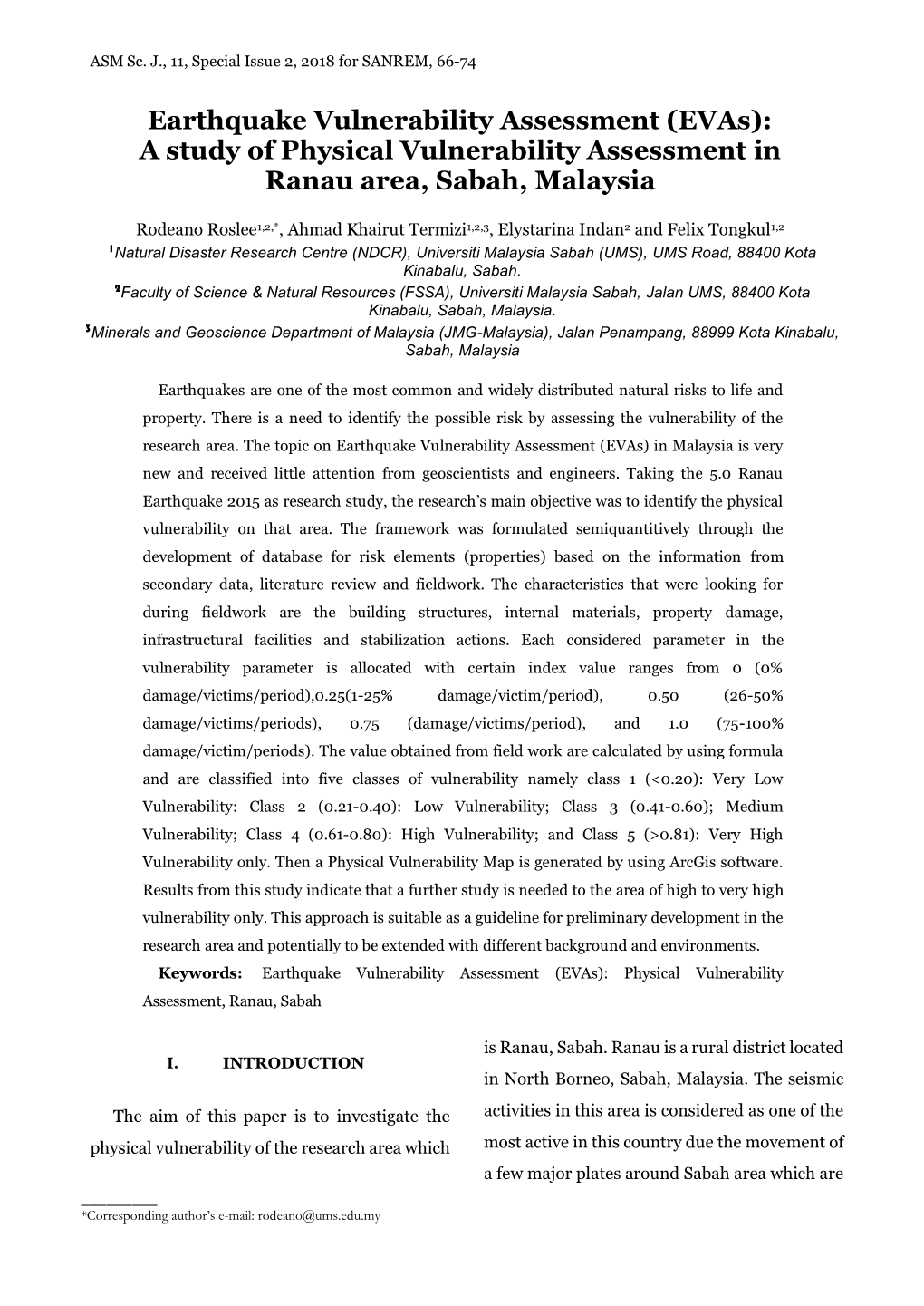 Earthquake Vulnerability Assessment (Evas): a Study of Physical Vulnerability Assessment in Ranau Area, Sabah, Malaysia