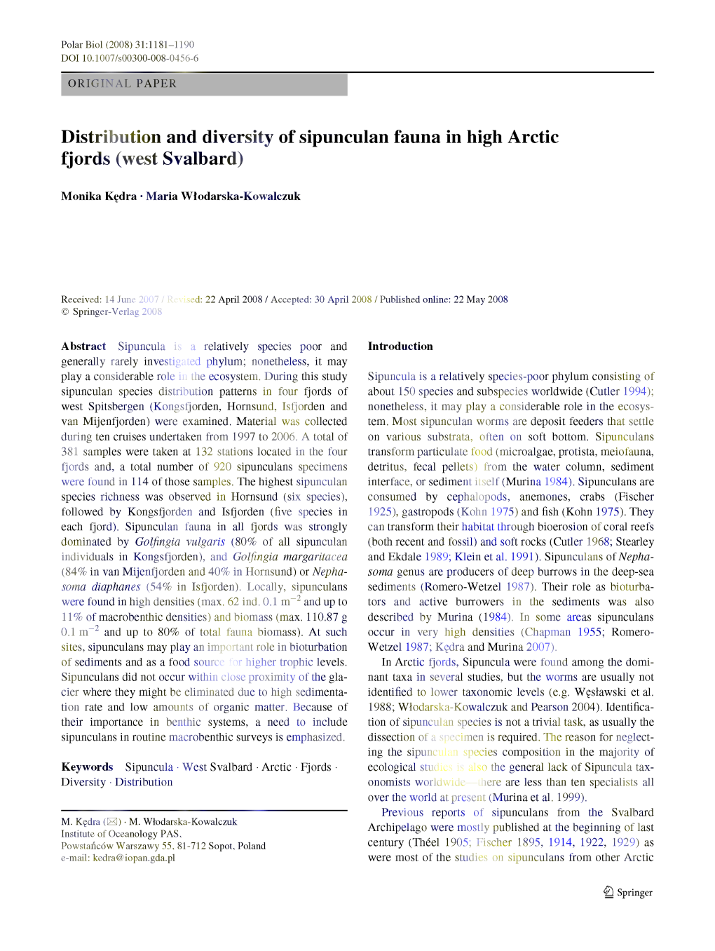 Distribution and Diversity of Sipunculan Fauna in High Arctic Fjords (West Svalbard)