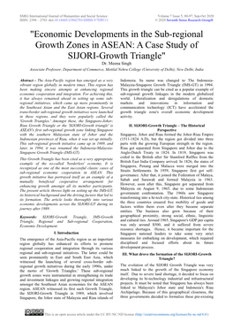 Economic Developments in the Sub-Regional Growth Zones in ASEAN: a Case Study of SIJORI-Growth Triangle" Dr