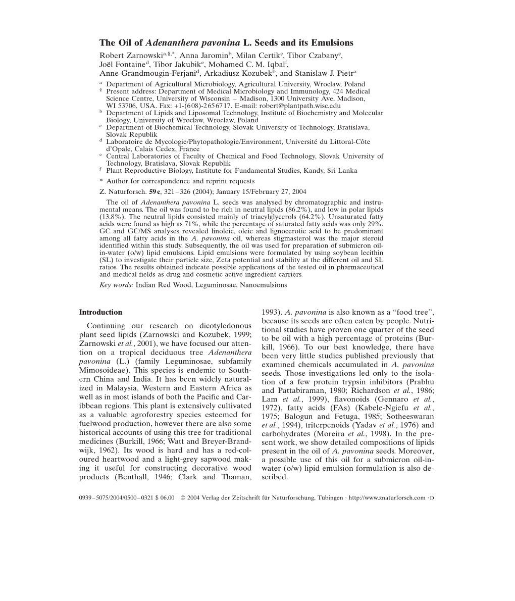 The Oil of Adenanthera Pavonina L. Seeds and Its Emulsions