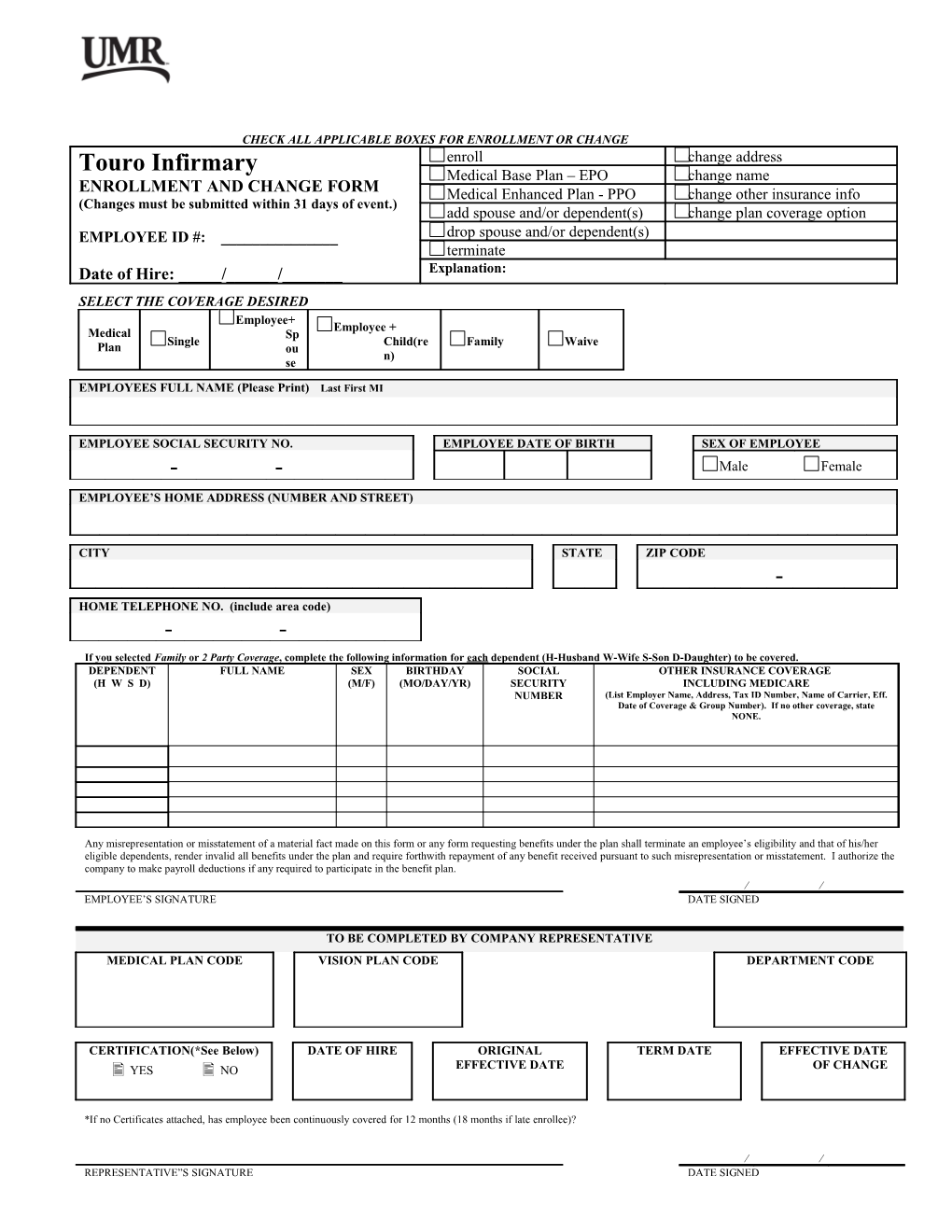 Umr Health Benefits Plan Application and Change Form