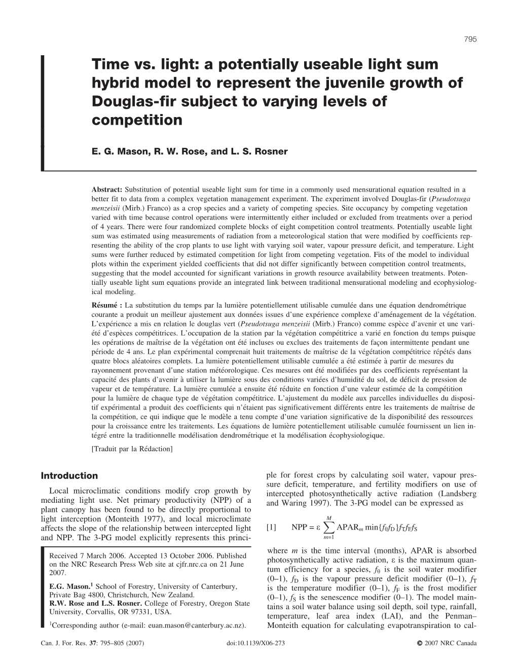 Time Vs. Light: a Potentially Useable Light Sum Hybrid Model to Represent the Juvenile Growth of Douglas-Fir Subject to Varying Levels of Competition