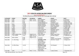 2013 SOUTH AFRICAN RECORDS As on 31 December 2013 (For World Records and African Records Refer to Web Page Www