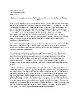 Philosophia and Philotechnia in the Platonic Dialogues Abstract