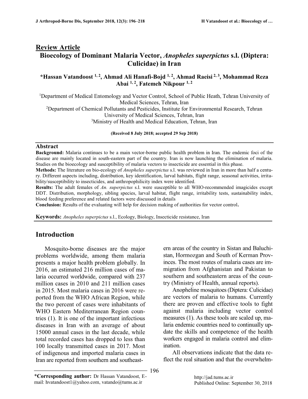 Eco-Biology of Anopheles Superpictus in Iran