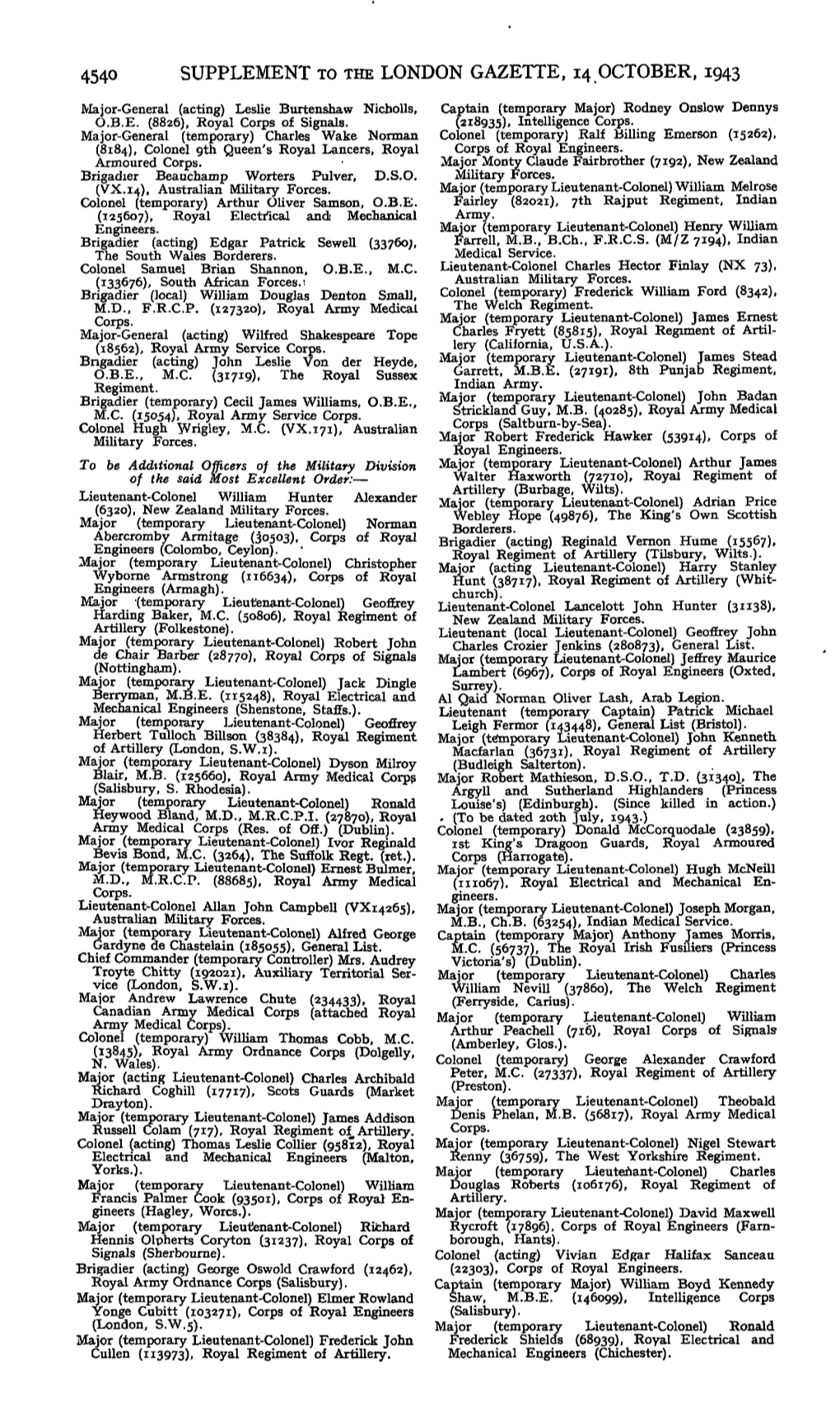 SUPPLEMENT to the LONDON GAZETTE, 14 OCTOBER, 1943 Major-General (Acting) Leslie Burtenshaw Nicholls, Captain (Temporary Major) Rodney Onslow Dennys O.B.E