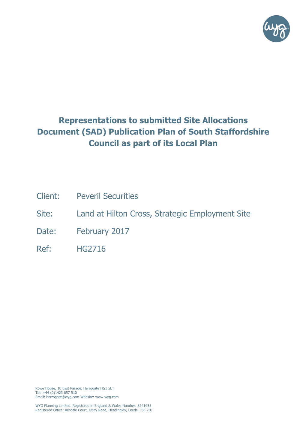 Representations to Submitted Site Allocations Document (SAD) Publication Plan of South Staffordshire Council As Part of Its Local Plan