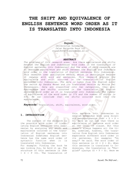 The Shift and Equivalence of English Sentence Word Order As It Is Translated Into Indonesia