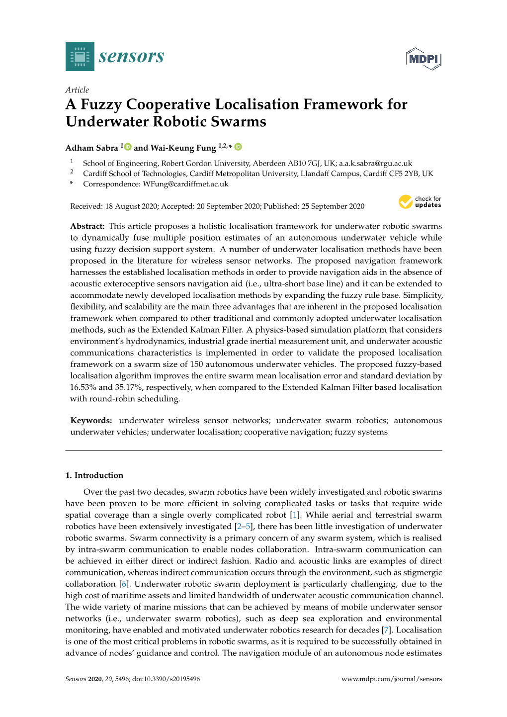 A Fuzzy Cooperative Localisation Framework for Underwater Robotic Swarms