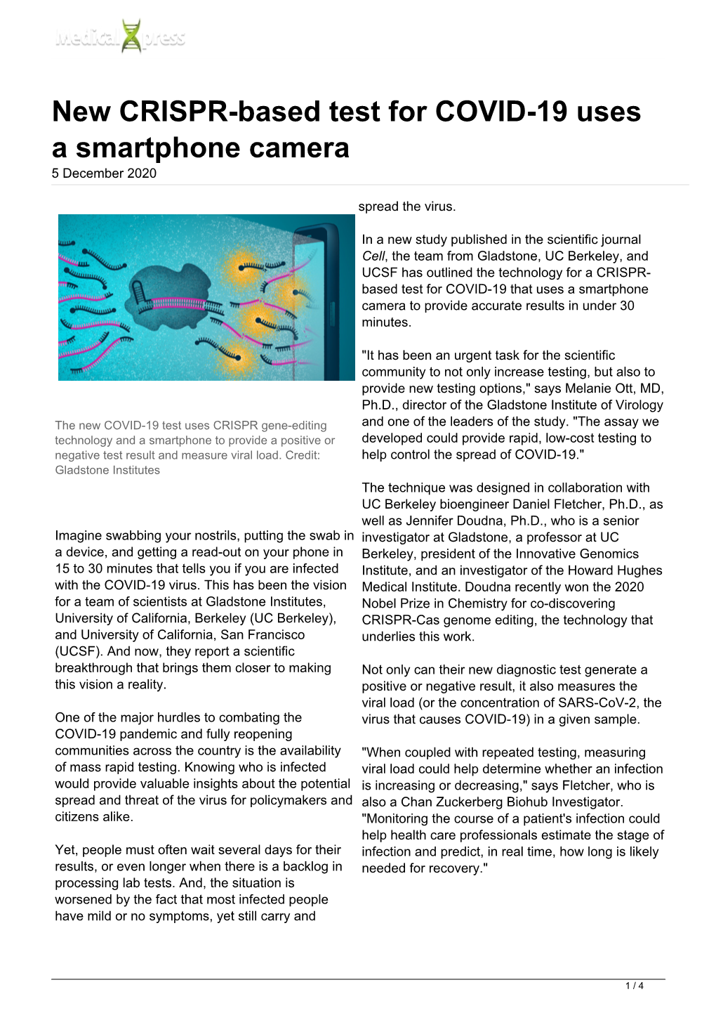 New CRISPR-Based Test for COVID-19 Uses a Smartphone Camera 5 December 2020