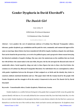 Gender Dysphoria in David Ebershoff's the Danish Girl