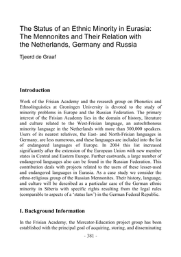 The Status of an Ethnic Minority in Eurasia: the Mennonites and Their Relation with the Netherlands, Germany and Russia