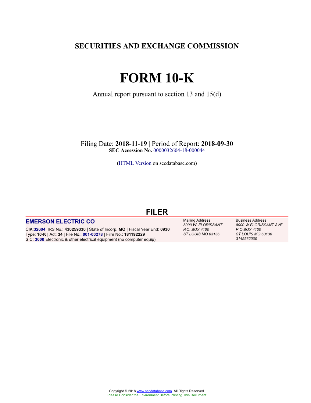 EMERSON ELECTRIC CO Form 10-K Annual Report Filed 2018-11-19