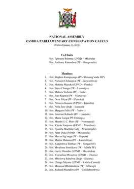 NATIONAL ASSEMBLY ZAMBIA PARLIAMENTARY CONSERVATION CAUCUS (Updated January 11, 2019) ​ ​