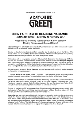 JOHN FARNHAM to HEADLINE NAGAMBIE! Mitchelton Wines – Saturday 18 February 2017