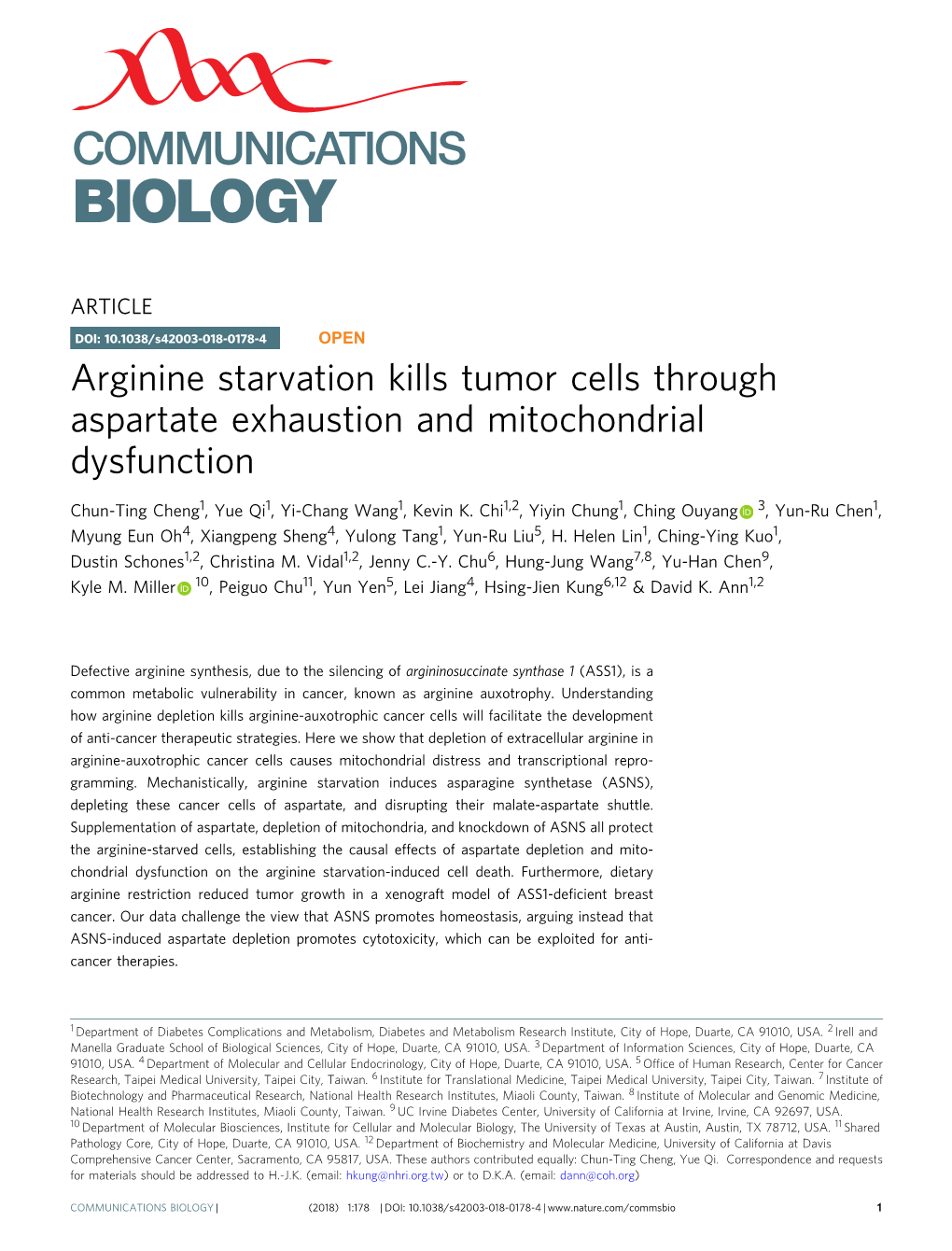 Arginine Starvation Kills Tumor Cells Through Aspartate Exhaustion and Mitochondrial Dysfunction