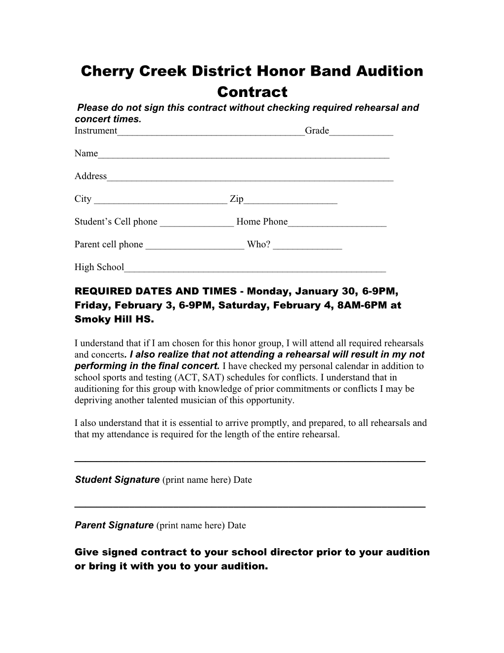 Cherry Creek District Honor Band Audition Contract