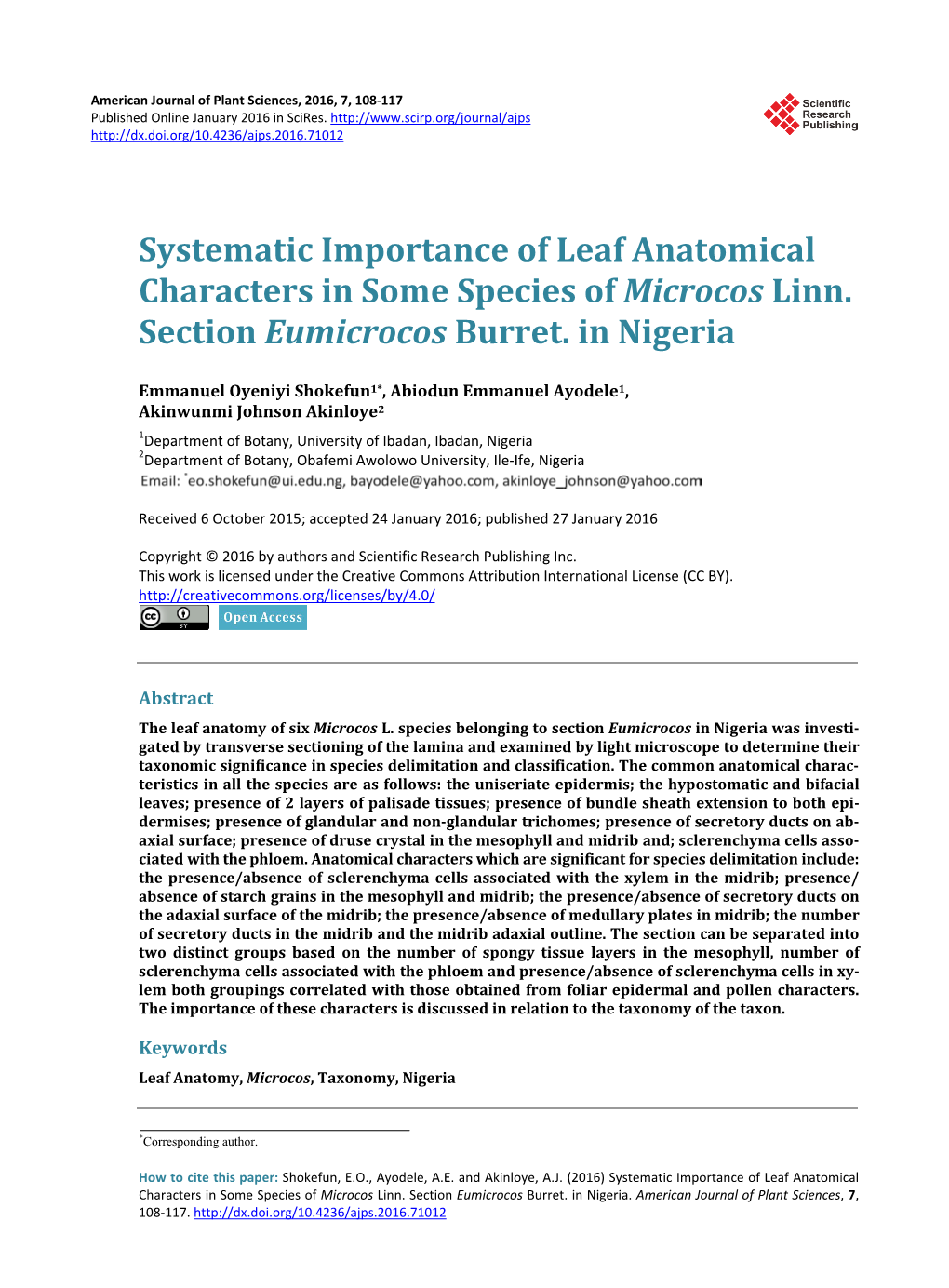 Systematic Importance of Leaf Anatomical Characters in Some Species of Microcos Linn