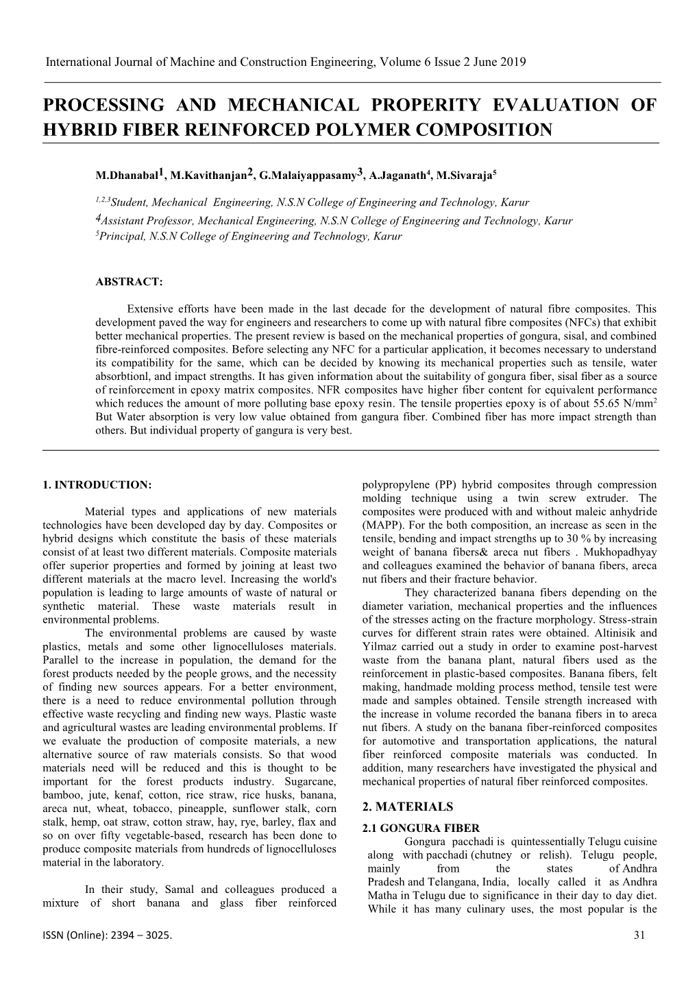 Processing and Mechanical Properity Evaluation of Hybrid Fiber Reinforced Polymer Composition