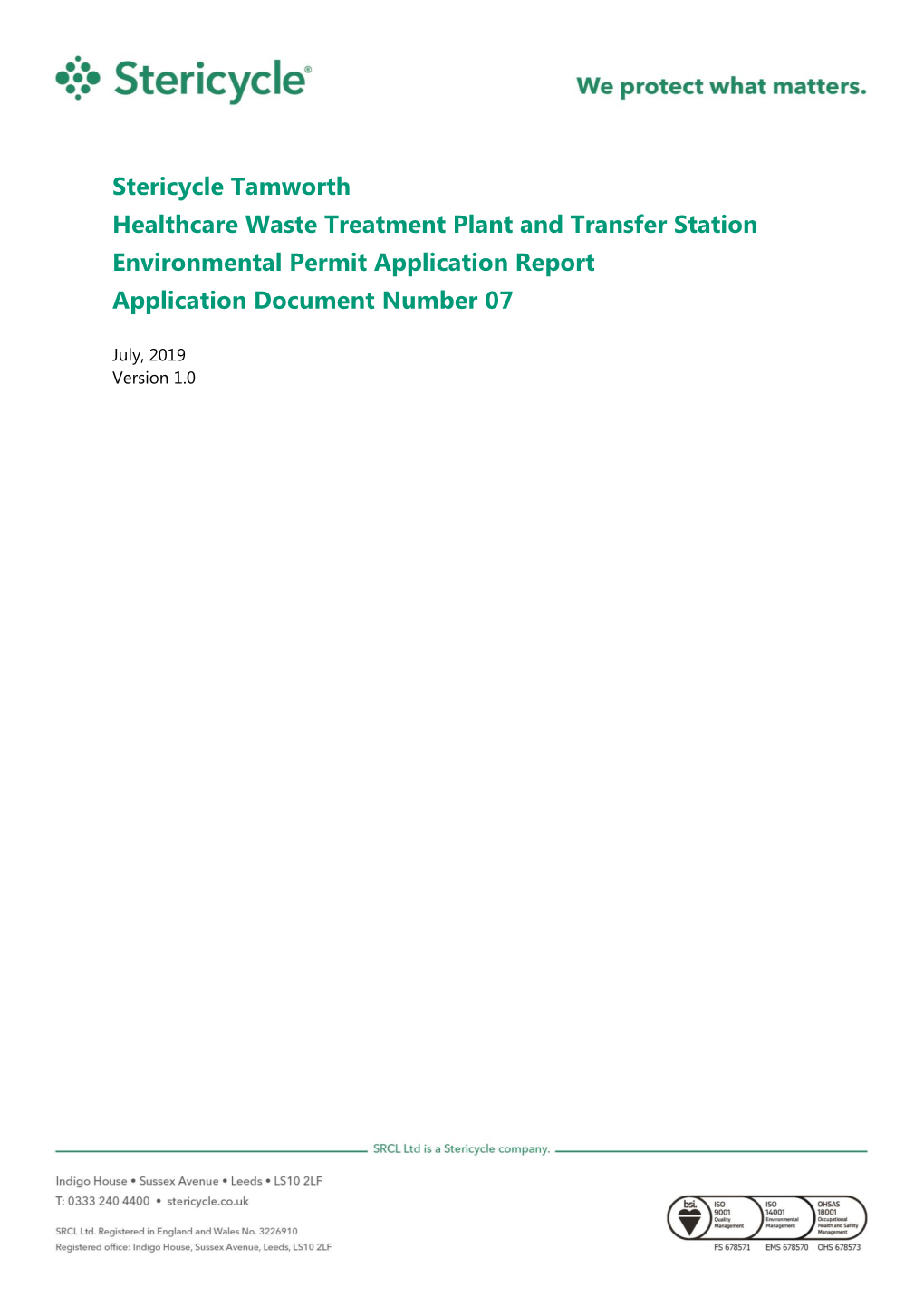 Stericycle Tamworth Healthcare Waste Treatment Plant and Transfer Station Environmental Permit Application Report Application Document Number 07