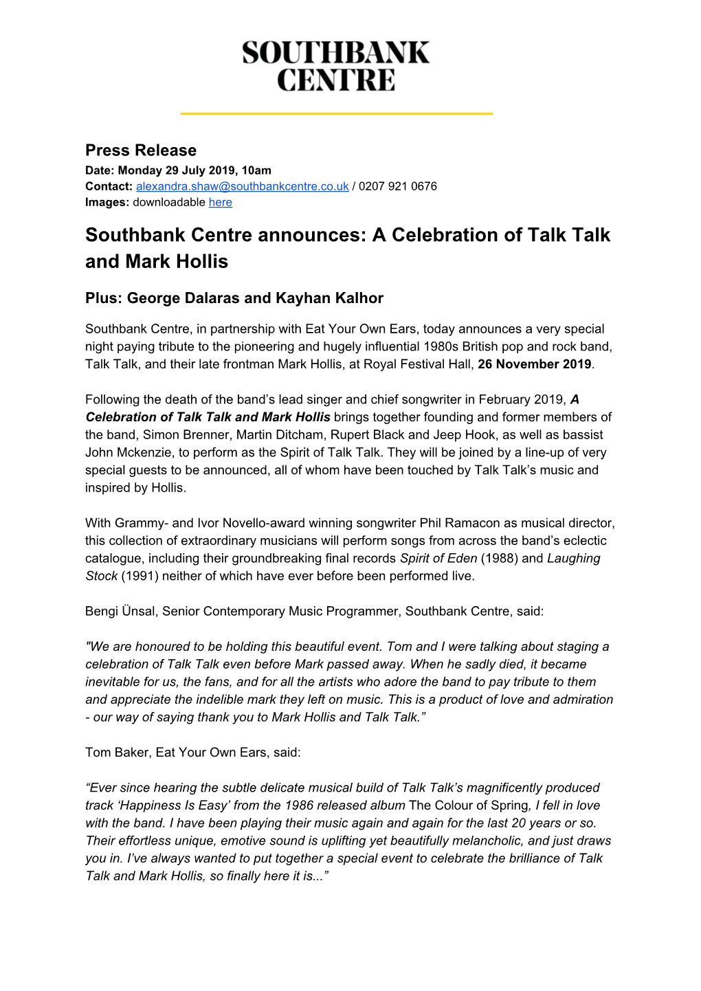 Southbank Centre Announces: a Celebration of Talk Talk and Mark Hollis