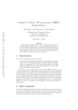 Critique of J. Kim's" P Is Not Equal to NP by Modus Tollens"