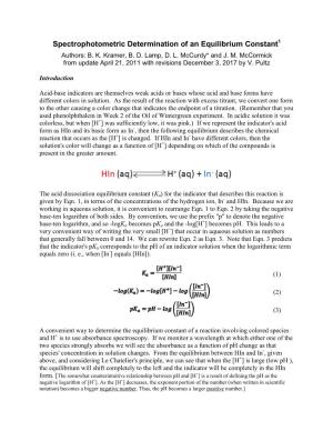 Spectrophotometric Determination of an Equilibrium Constant1 Authors: B