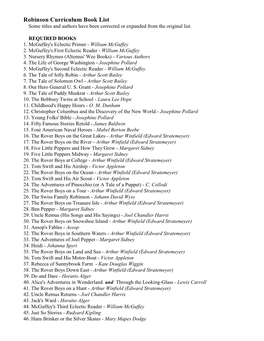 Robinson Curriculum Book List Some Titles and Authors Have Been Corrected Or Expanded from the Original List