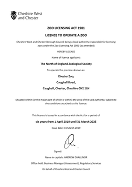 Zoo Licensing Act 1981 Licence to Operate A