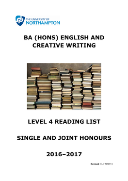 Ba (Hons) English and Creative Writing Level 4 Reading List Single and Joint Honours 2016–2017