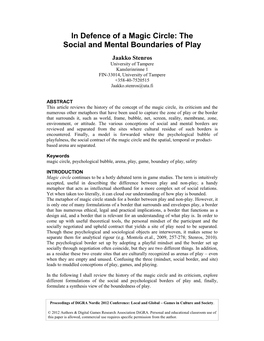 In Defence of a Magic Circle: the Social and Mental Boundaries of Play