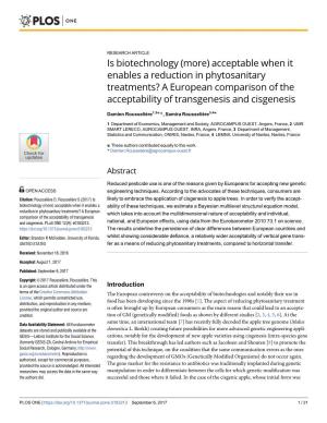 Is Biotechnology (More) Acceptable When It Enables a Reduction in Phytosanitary Treatments? a European Comparison of the Acceptability of Transgenesis and Cisgenesis