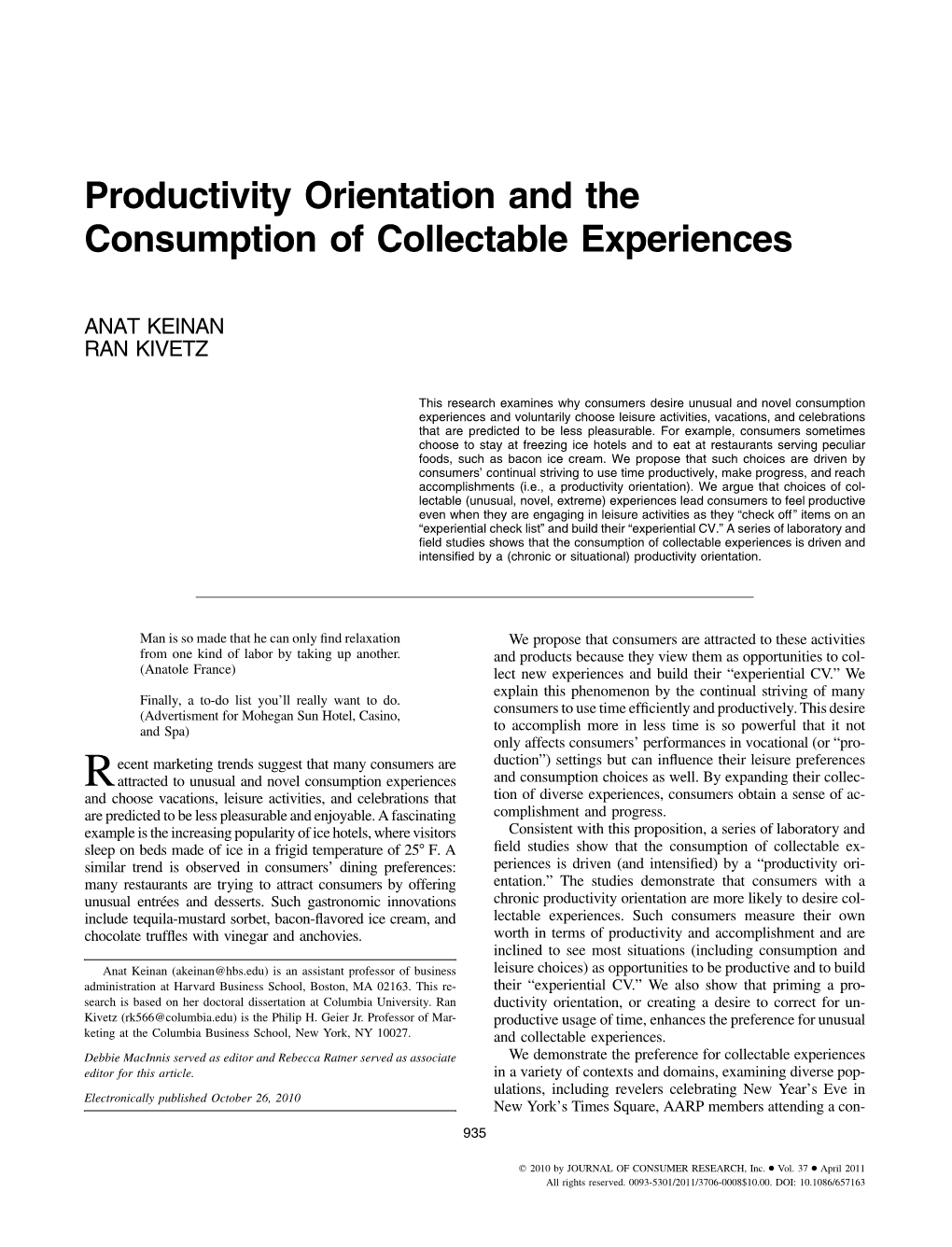 Productivity Orientation and the Consumption of Collectable Experiences