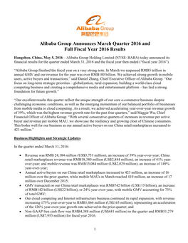 Alibaba Group Announces March Quarter 2016 and Full Fiscal Year 2016 Results