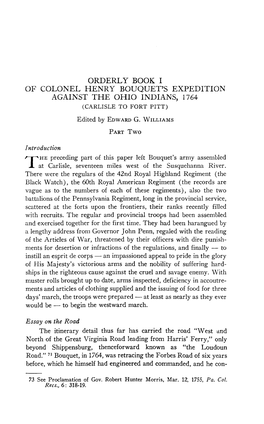 OF COLONEL HENRY BOUQUET's EXPEDITION AGAINST the OHIO INDIANS, 1764 (CARLISLE to FORT PITT) Edited by Edward G