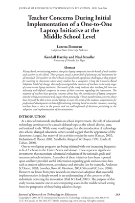 Teacher Concerns During Initial Implementation of a One-To-One Laptop Initiative at the Middle School Level