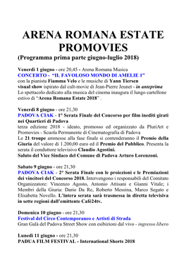 ARENA ROMANA ESTATE PROMOVIES (Programma Prima Parte Giugno-Luglio 2018)