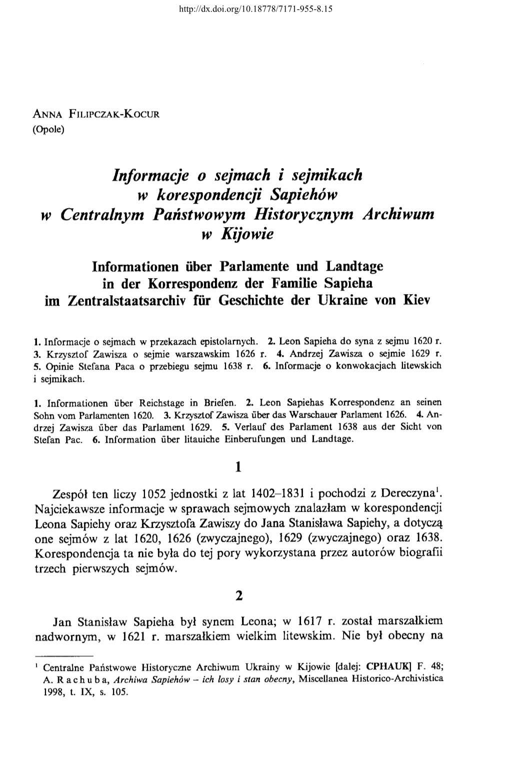 Informacje O Sejmach I Sejmikach W Korespondencji Sapiehów W Centralnym Państwowym Historycznym Archiwum W Kijowie