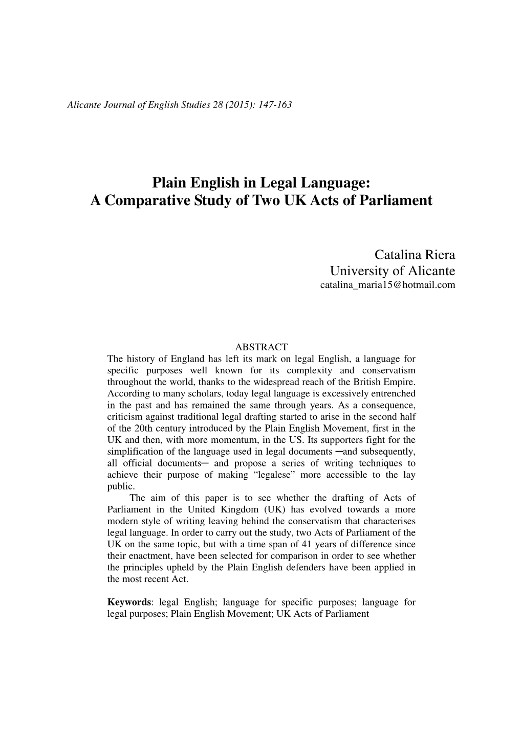 Plain English in Legal Language: a Comparative Study of Two UK Acts of Parliament