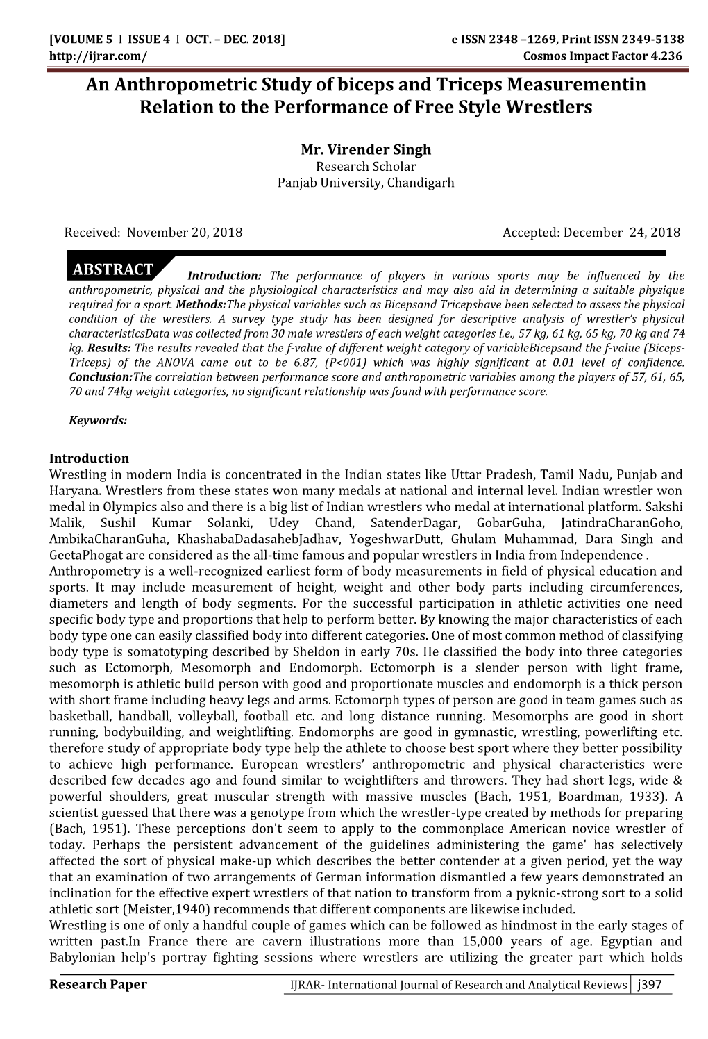 An Anthropometric Study of Biceps and Triceps Measurementin Relation to the Performance of Free Style Wrestlers