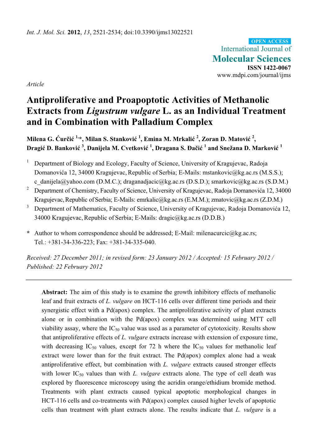 Antiproliferative and Proapoptotic Activities of Methanolic Extracts from Ligustrum Vulgare L