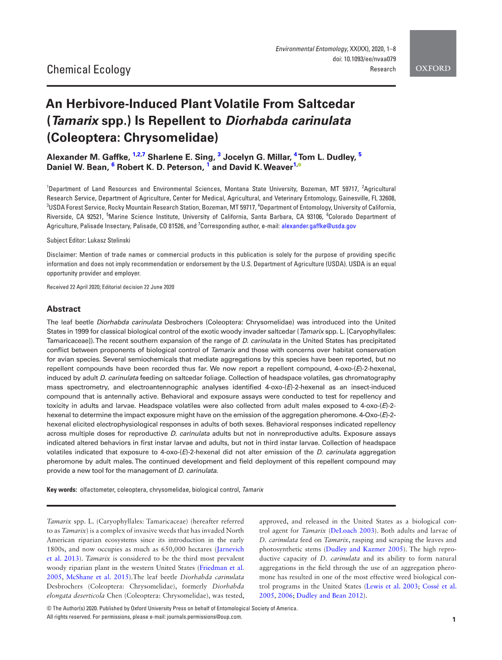 Tamarix Spp.) Is Repellent to Diorhabda Carinulata (Coleoptera: Chrysomelidae