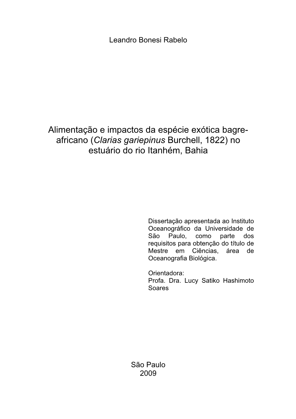 Clarias Gariepinus Burchell, 1822) No Estuário Do Rio Itanhém, Bahia