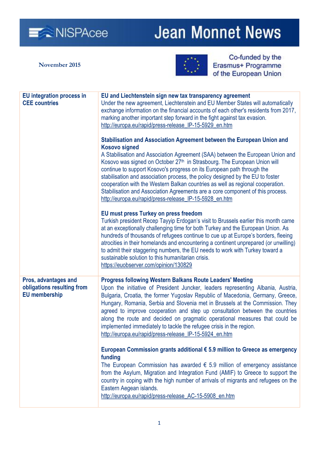 November 2015 EU Integration Process in CEE Countries EU And
