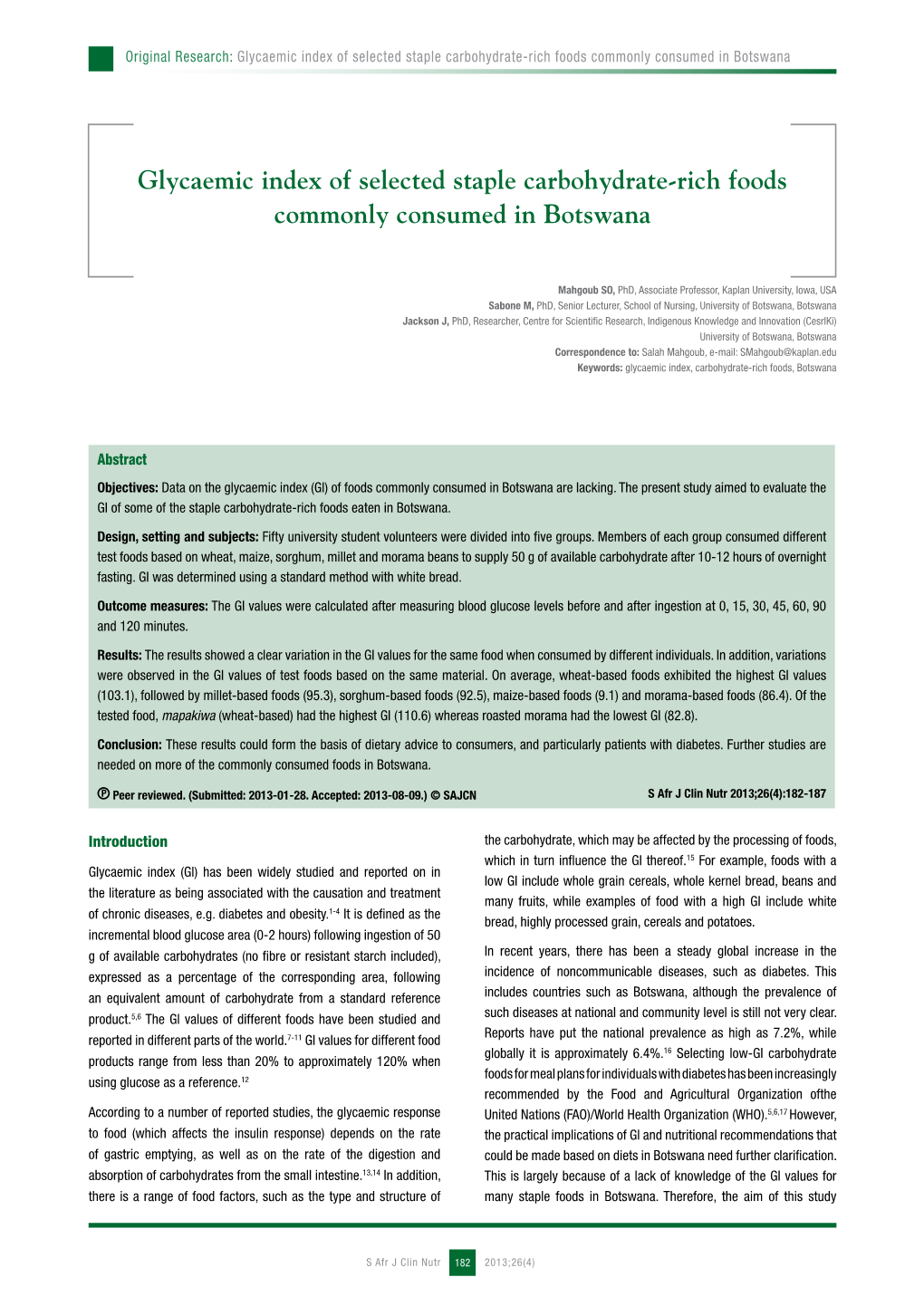 Glycaemic Index of Selected Staple Carbohydrate-Rich Foods Commonly Consumed in Botswana