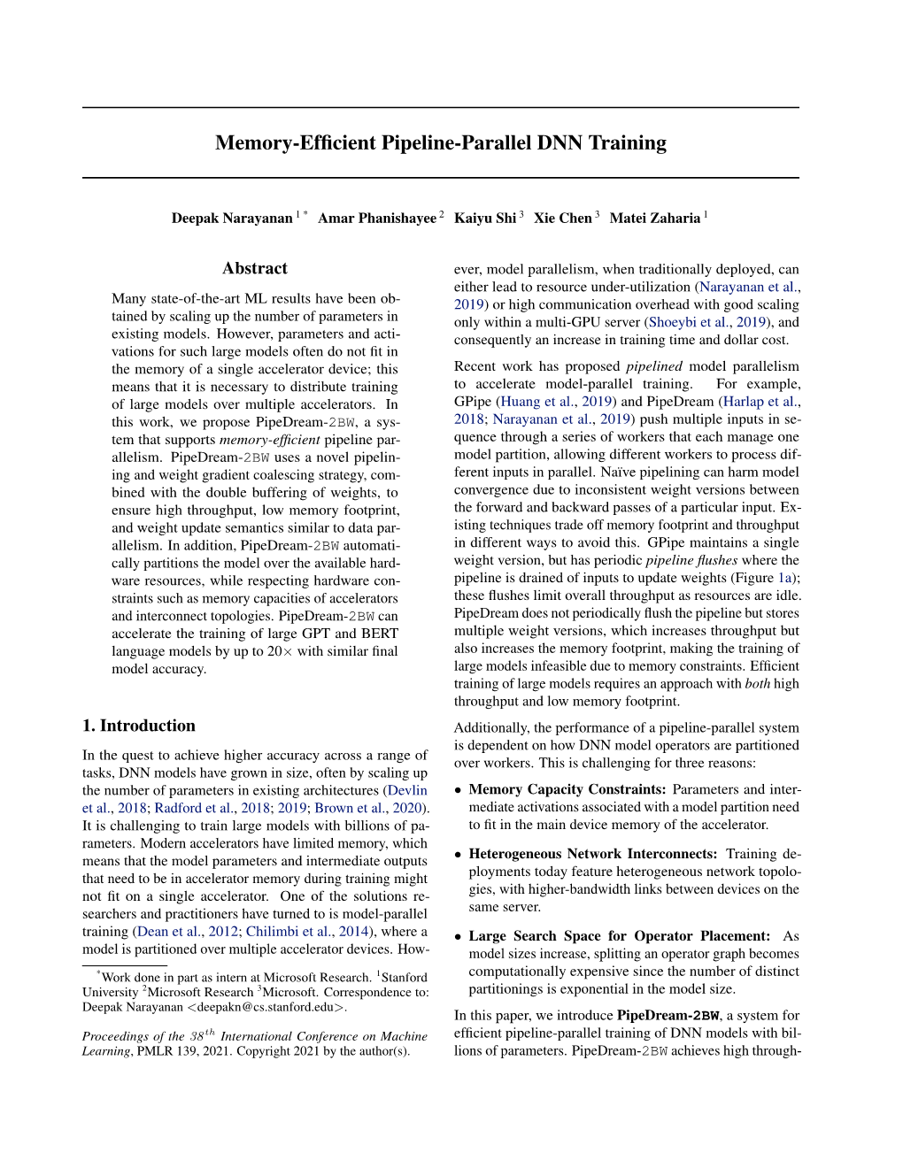 Memory-Efficient Pipeline-Parallel DNN Training