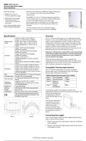 Specifications Overview Compatible Thermocouple Sensors Connecting