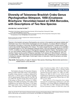 Diversity of Taiwanese Brackish Crabs Genus Ptychognathus Stimpson, 1858 (Crustacea: Brachyura: Varunidae) Based on DNA Barcodes, with Descriptions of Two New Species