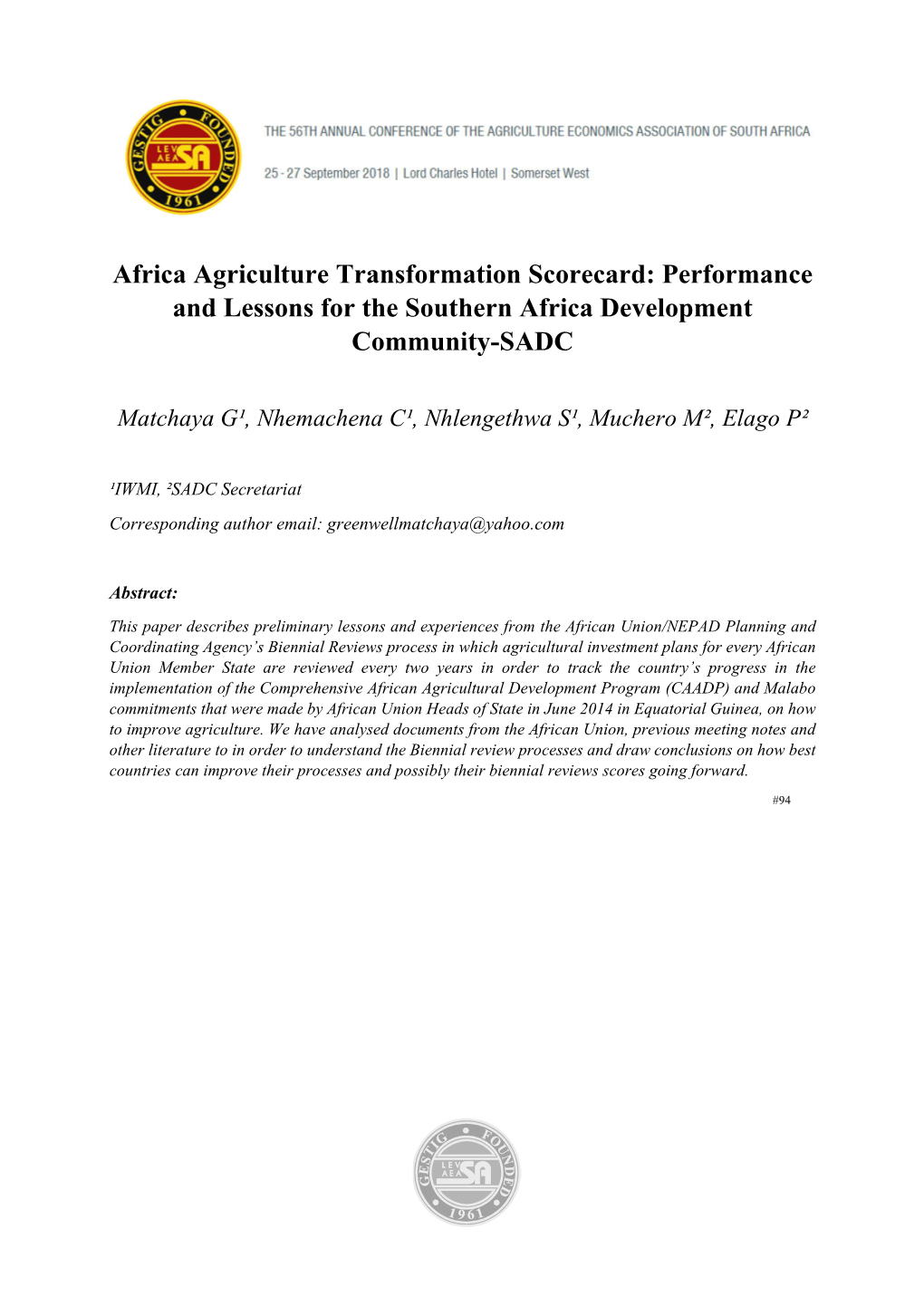 Africa Agriculture Transformation Scorecard: Performance and Lessons for the Southern Africa Development Community-SADC